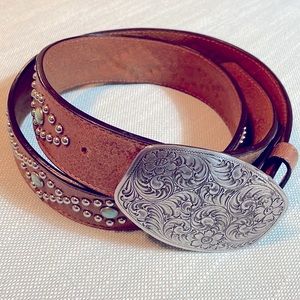 Genuine Leather Studded Belt with Turquoise Details